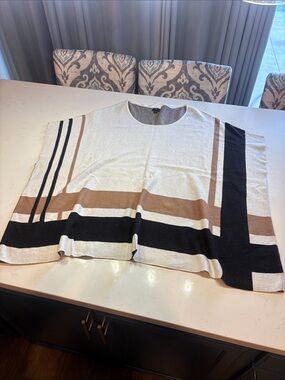 Worthington Cream Pancho Top with Black and Brown Geometric Stripes